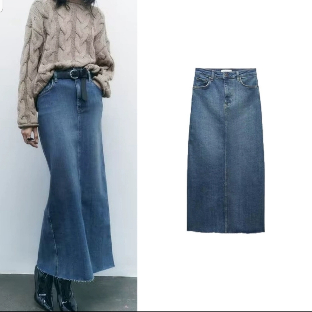 NWT ZARA Skirt M Cotton Denim Pencil Straight Maxi Fringed Hem Vented Back Blue.